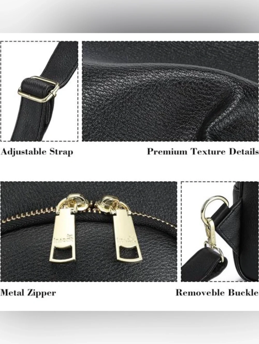 INICAT Black Pebbled Vegan Leather Sling Bag Gold-tone Zippers, EUC